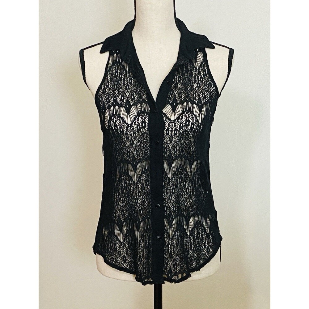 VTG Kirra Womens Sheer Open Lace Button Up Top Sz XS Black Whimsigoth Grunge Y2K